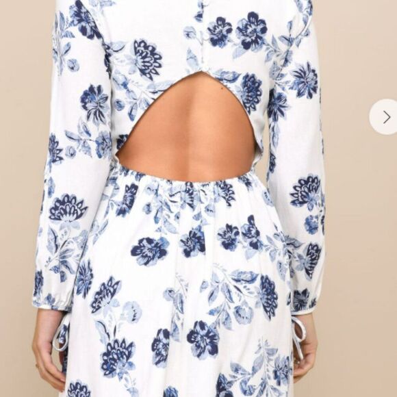 Lulus Darling Simplicity White and Blue Floral Linen Cutout Mini Dress Sz L NWT - Picture 12 of 12